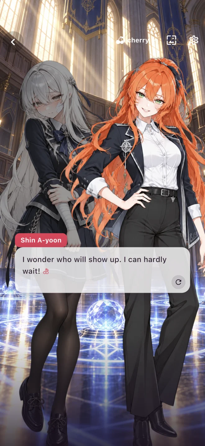 An academy scene with characters and dialogue in the CherryTalk app