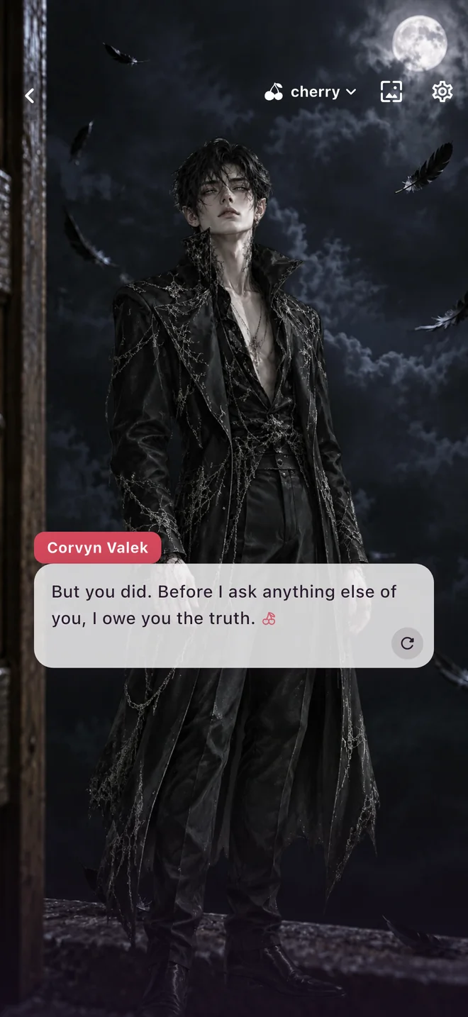 A male character and dialogue in a moonlit scene in the CherryTalk app